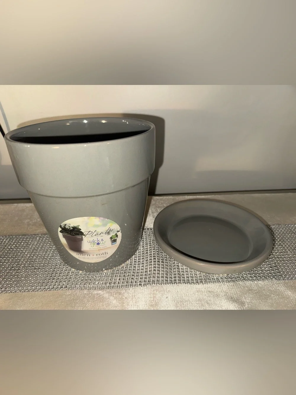 NWT, Allen + Roth Gray Ceramic Planter with Saucer